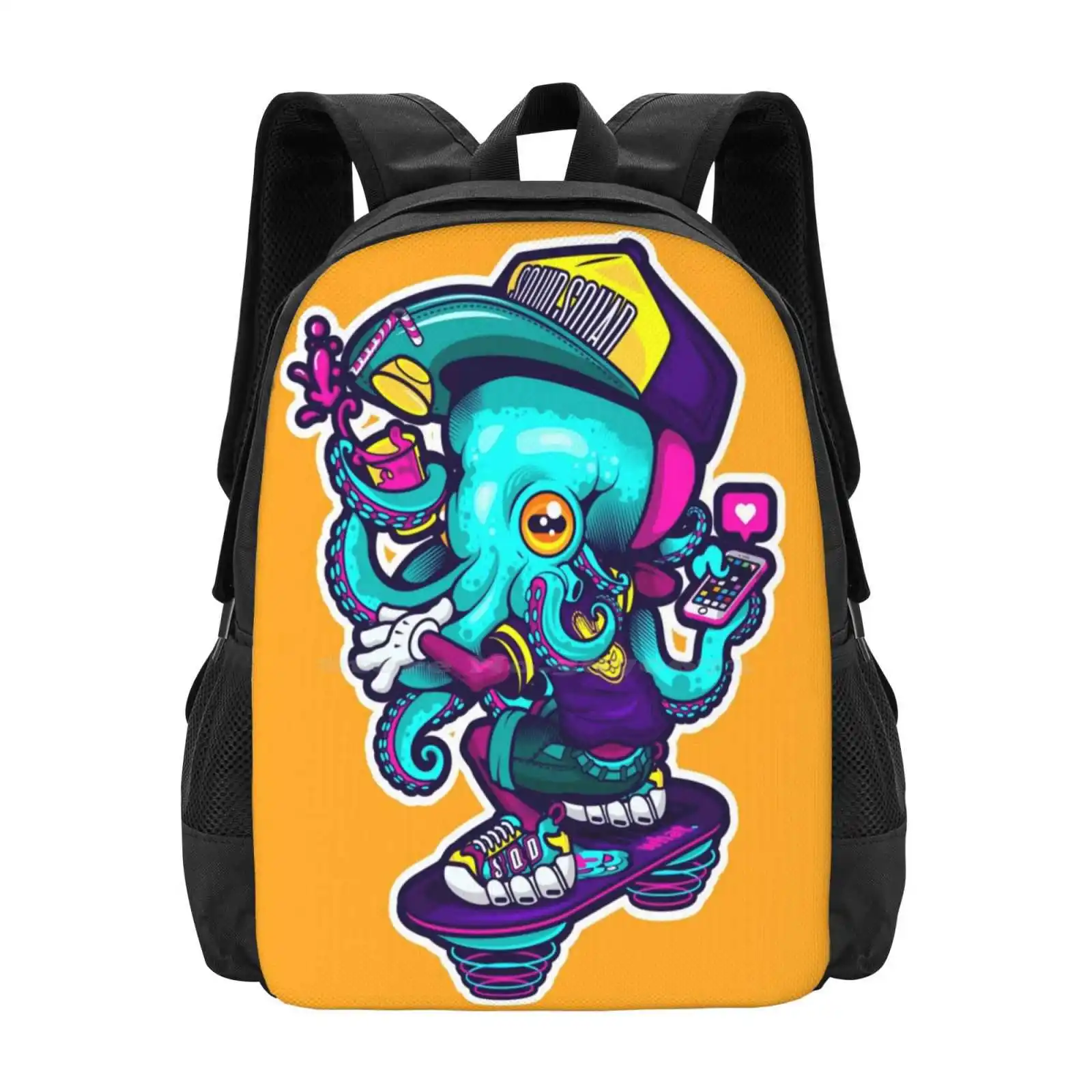 Cool Squid New Arrivals Unisex Bags Student Bag Backpack Cool Squid Calamar Pulpo Octopus Cap Bling Swag Style Vectorart Vector