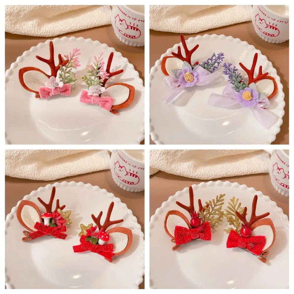 Han Clothes Accessories Antler Hairpin Flower Bow Deer Horn HeadWear Duckbill Clip Hair Decoration Christmas Hair Clip Kids