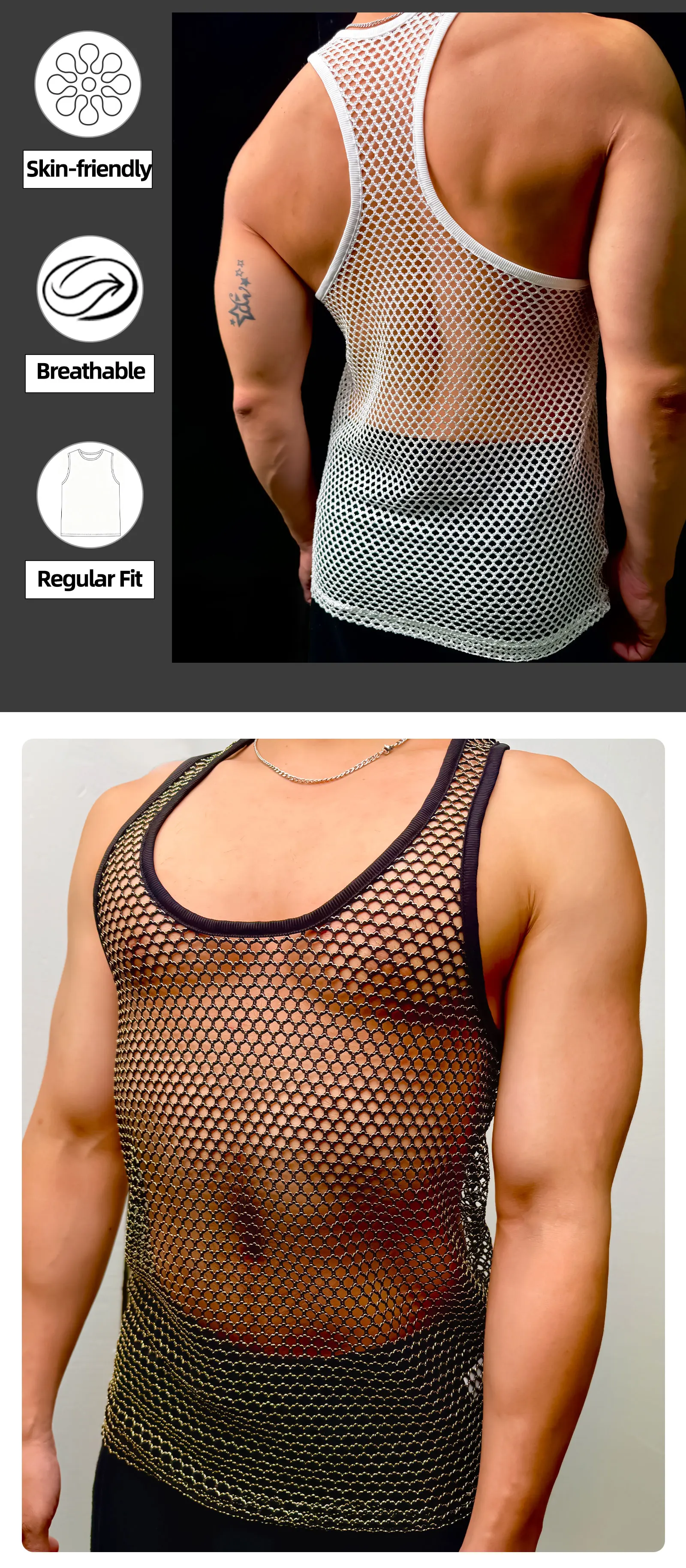 Fishnet Mesh Tank Top Men Racerback Summer Sleeveless Metallic Shiny Shirt Sport Muscle Vest Sheer Daily Party Wear Streetwear