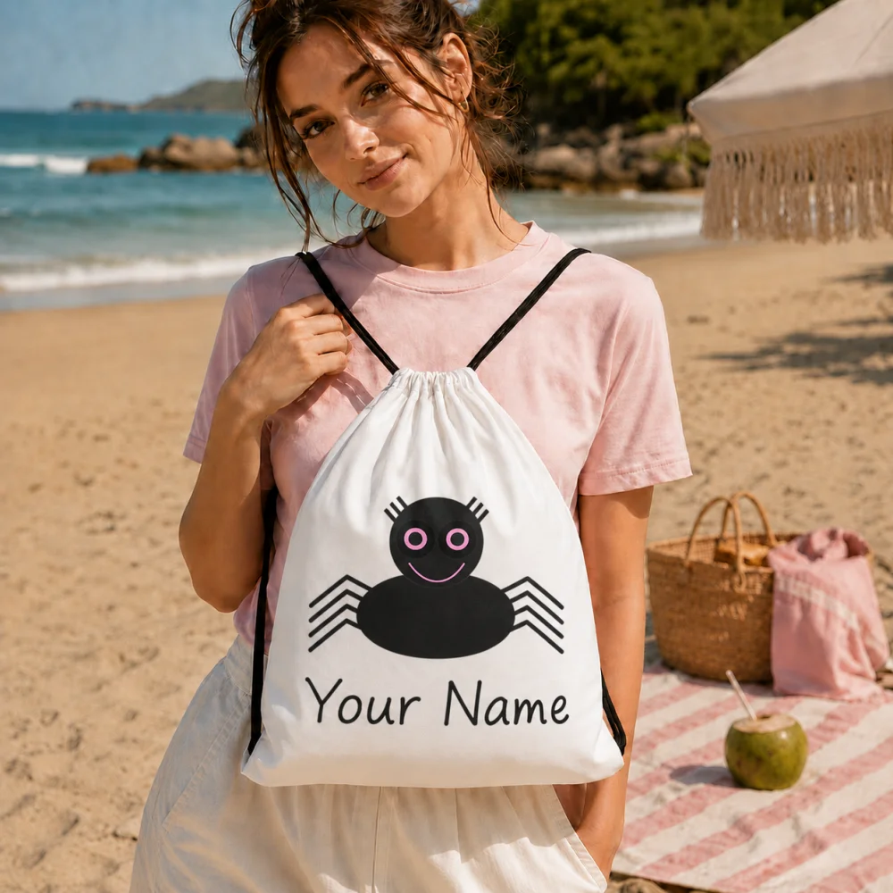 Personalized Halloween Spider Drawstring Bag Custom Name Cartoon Spider String Backpack for Kids Gym Travel Party