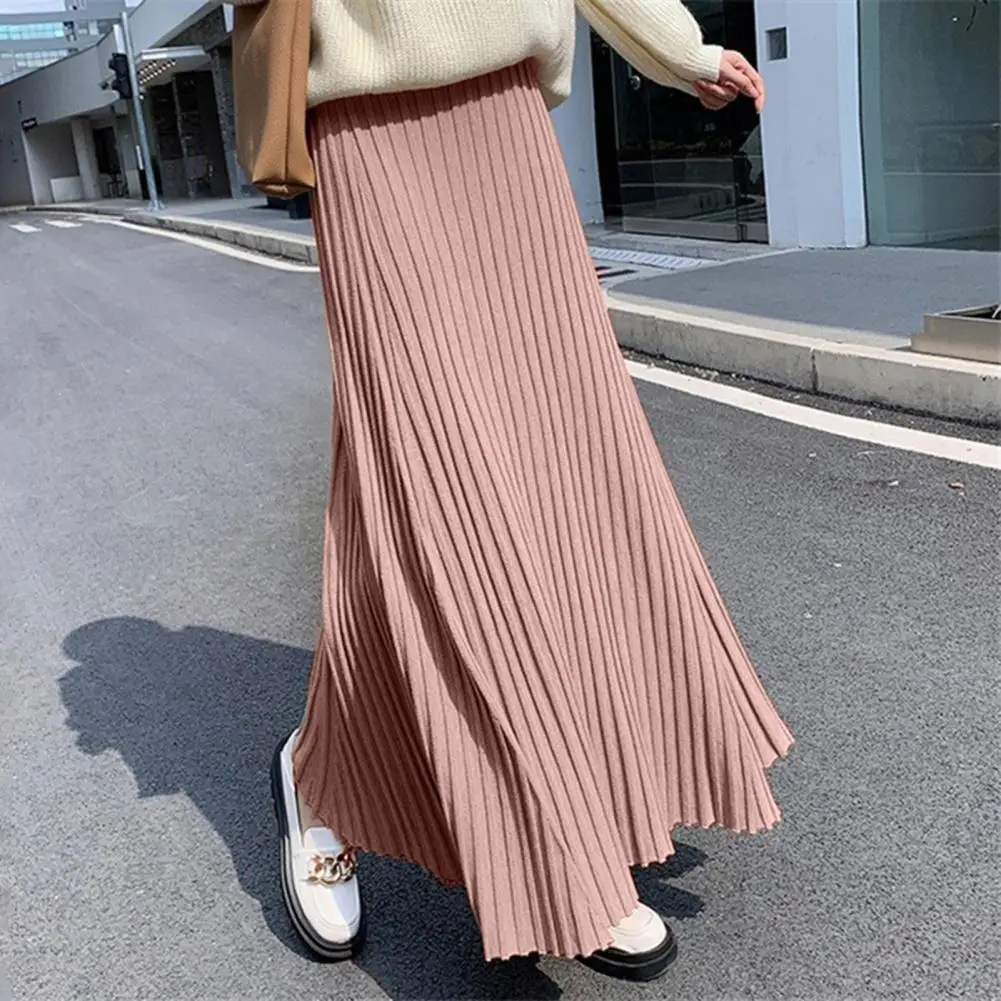 

Knitted Midi Skirt Elegant Women's High Waist Knitting Skirt A-line Maxi Skirt with Pleats for Autumn Winter Fashion Casual