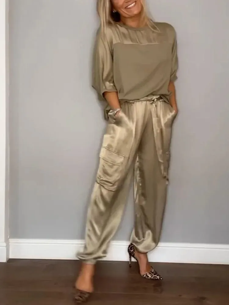 Spring Summer Women Fashion Solid Color Satin Two Piece Set Round Neck Long Sleeved Top Long Pants Casual Loose Two Piece Sets