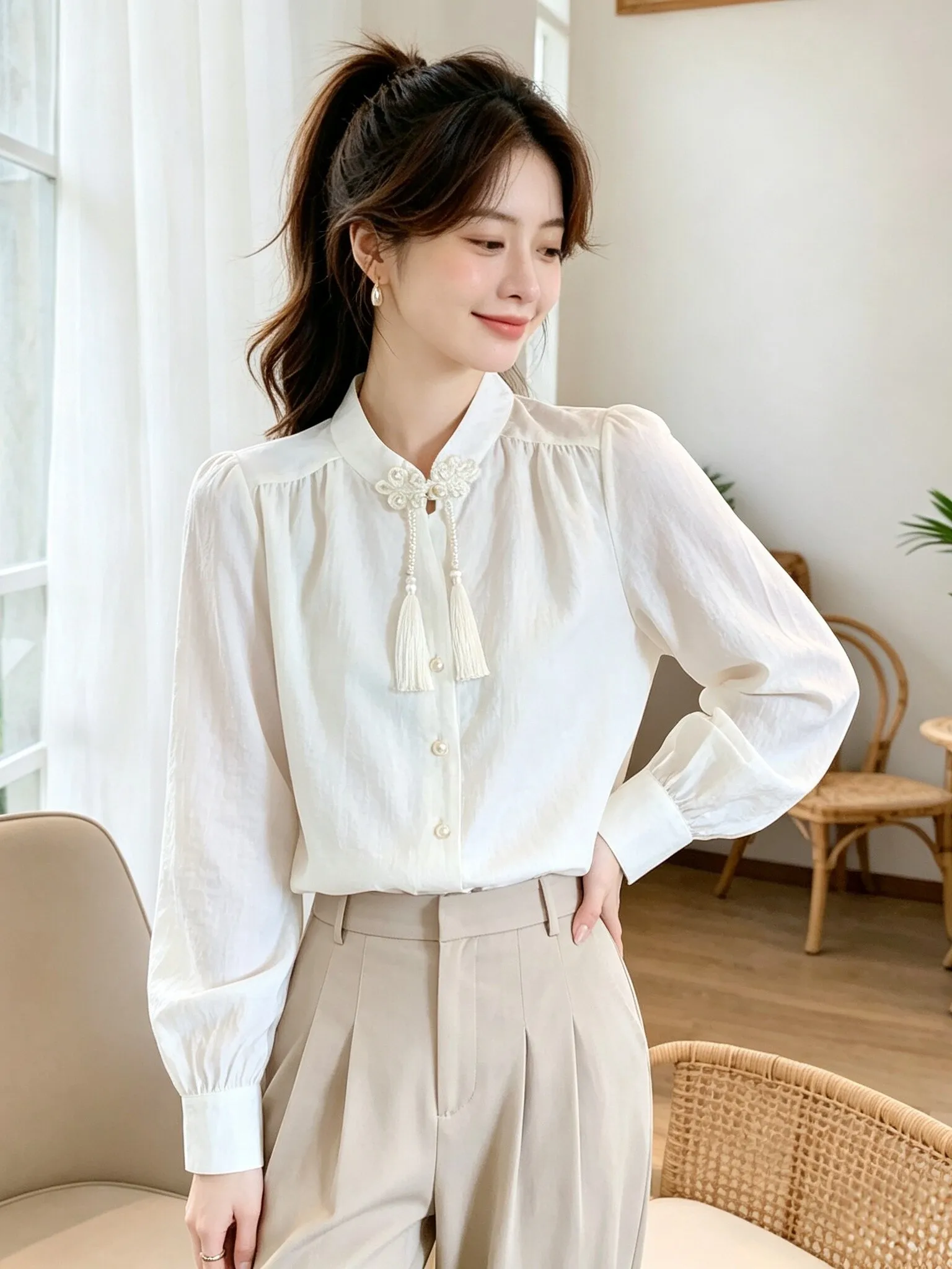 Retro Chinese Style Apricot Color Chiffon Shirt Tassel Embellished Button up Top Loose Fit Long Sleeve Women's Fashion