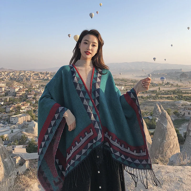 Women Autumn Winter Bohemian Faux Cashmere Out Streetwear Long Thick Poncho Shawl Female Big Pendulum Loose Cloak Coat