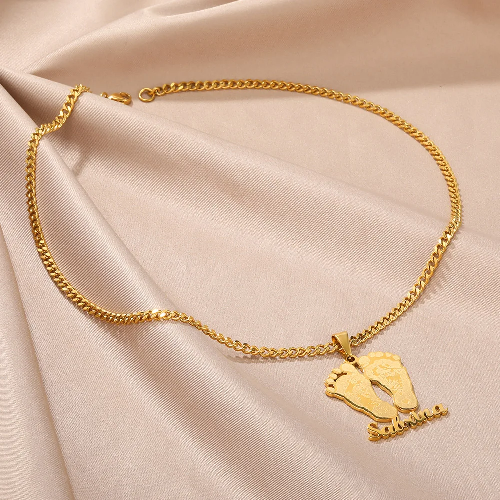 Custom Name Baby Feet Necklace For Women Gold Color Stainless Steel Nameplate Pendant Necklace Child Jewelry Birthday Gift view 4