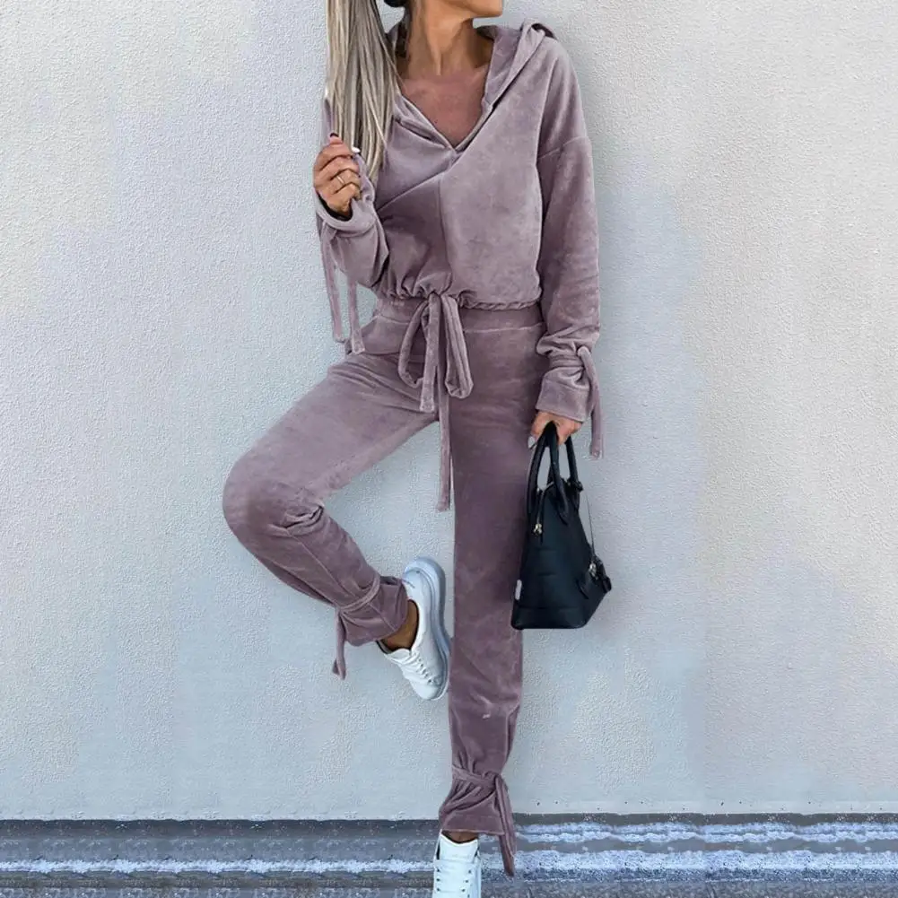 Streetwear Women\'s Set Long Sleeve Hooded Sweatshirt and Pants Suit Velvet Active Tracksuit Two Piece Set Fitness Outfits