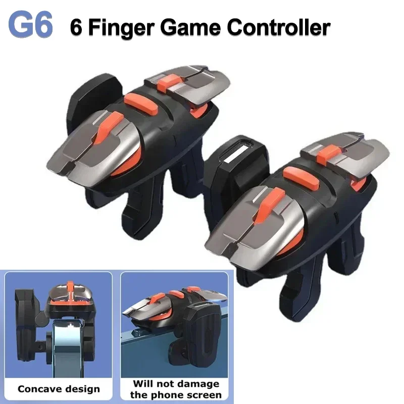 G6 2Pcs Mobile Phone 6 Fingers Gamepad Joystick Controller L1 R1 Aim Shooting Alloy Key Game Triggers Button for IOS Android