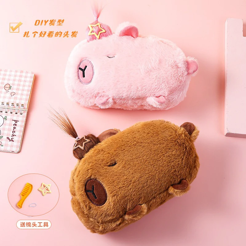 Kawaii Cartoon Creative Pencil Bag Student Capybara Plush Stationery Storage Bag Large Capacity Learning Stationery Supplies