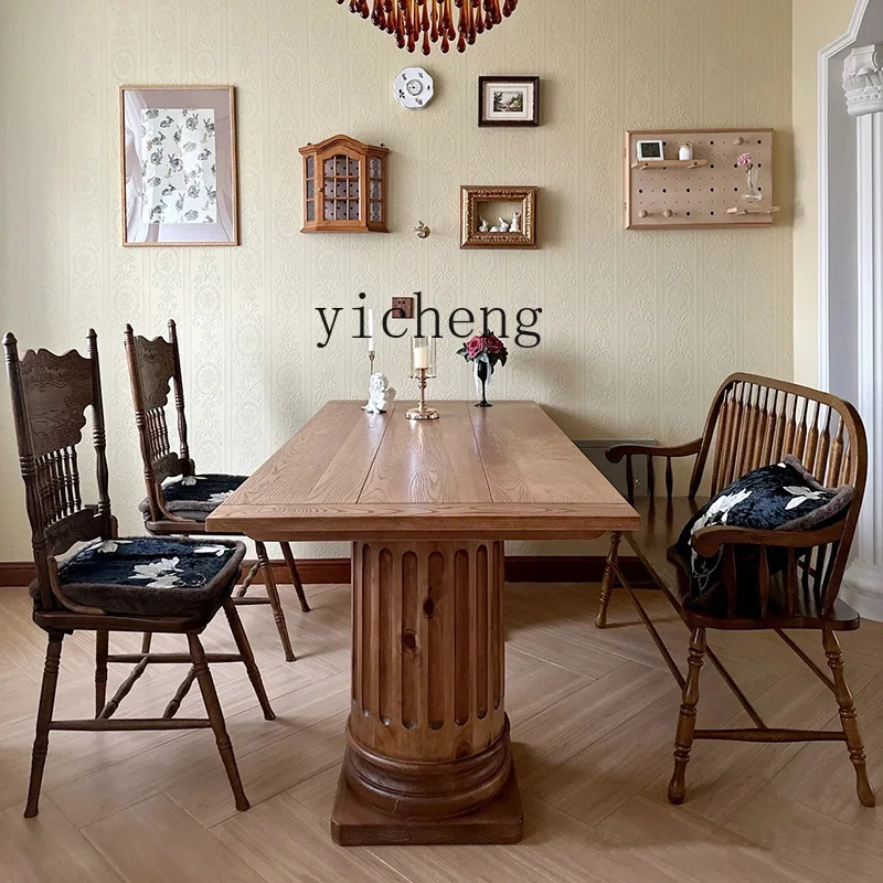 CZ Coffee Table Restaurant Vintage Solid Wood Distressed Roman Column Long Table American Country Style Conference Table
