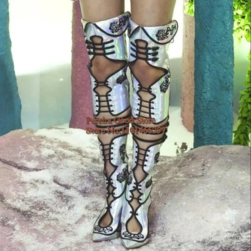 

Embroidery Belt Buckle Strap Hollow Cutouts Over The Knee Boots Modern Iridescent Fluorescent Printed Leather Boots