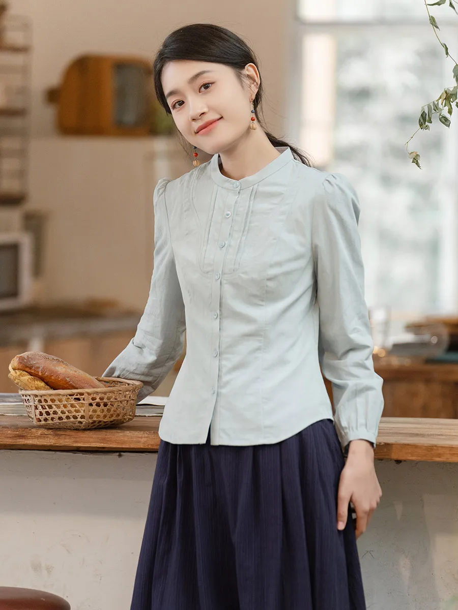 

Blue Pure Cotton Long Sve irt Women's 2026 Spring New Artistic Stand Collar Slim Fit Versatile Top Breathable Comfortable