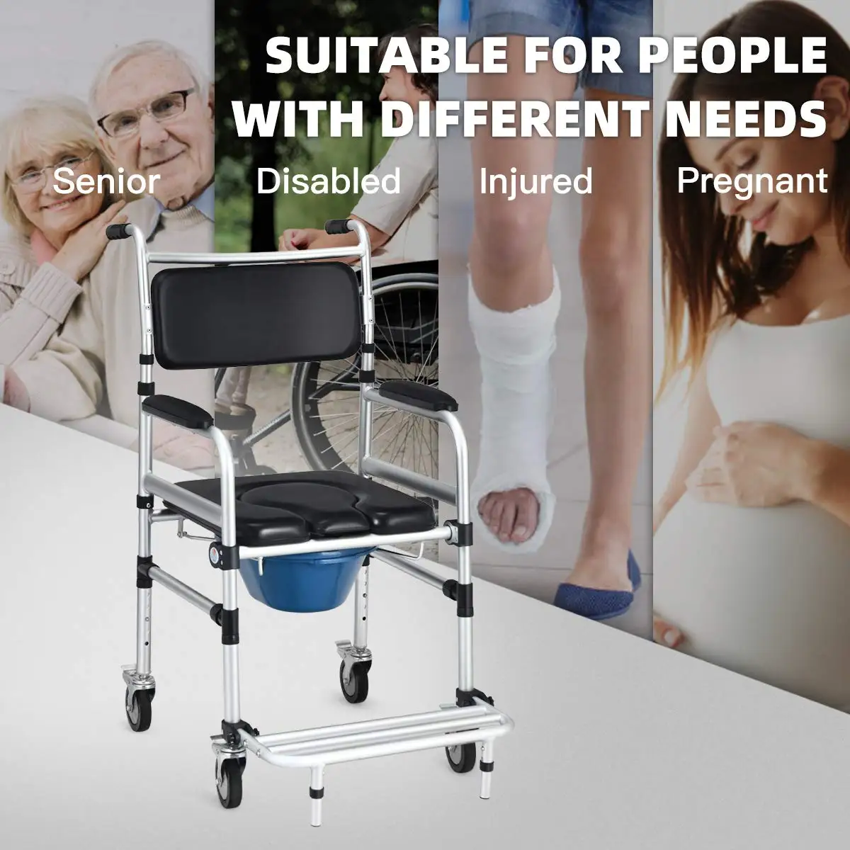 3 in 1 Lightweight Shower Commode, Transport Bedside Commode with Wheels, Adjustable Height and Pedal, Shower Wheelchair