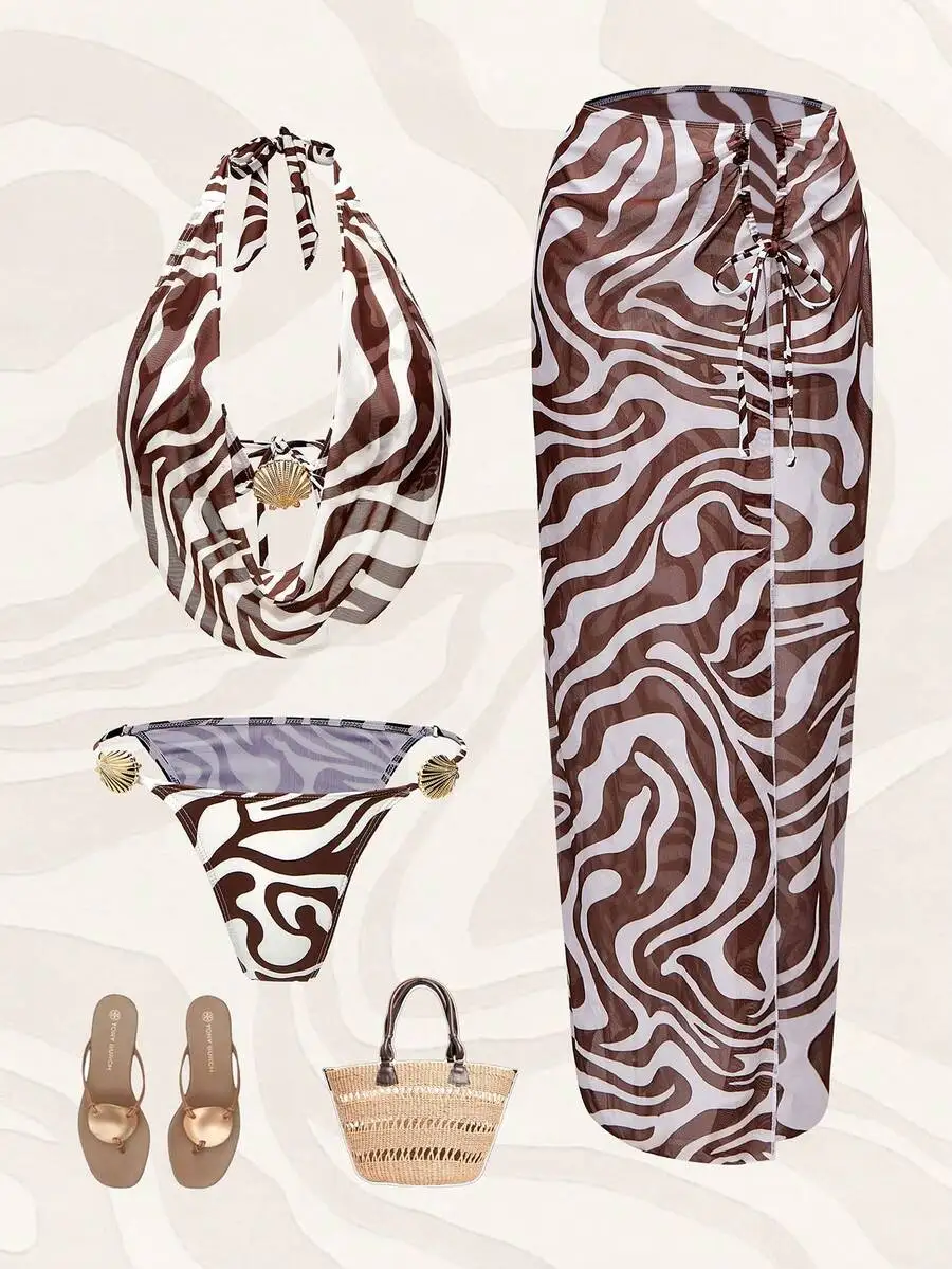 Women Halter Neck Swimwear Set With Side Tie Skirt And Shell Decor