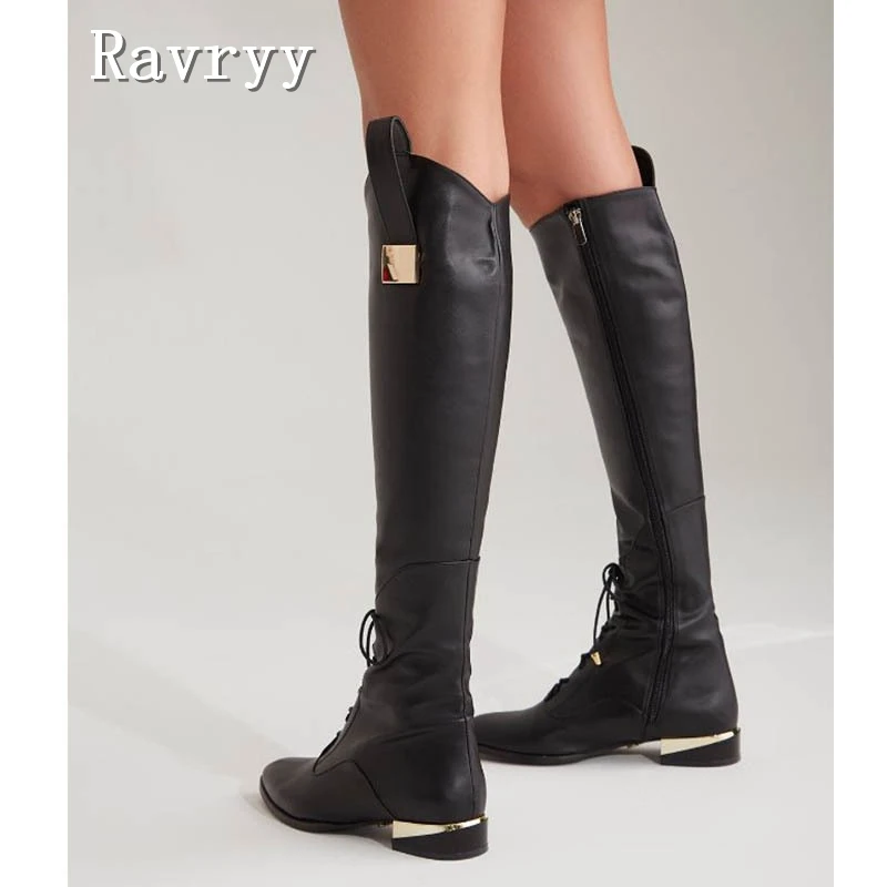 Elegant Ladies Black Knee High Riding Boots Front Lace Up Detail Side Zip Low Heel with Gold Metal Decoration Fashion Long Boots