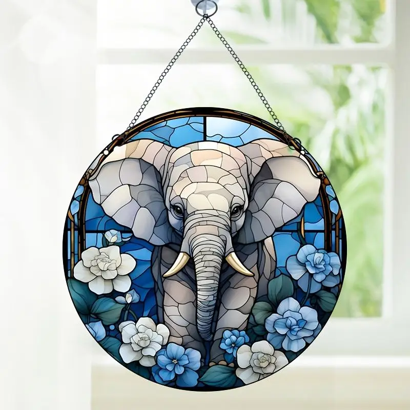 Elephant Flower Suncatcher Stain Window Wall Hanging Pendant Animals Series Acrylic Circular Ornaments Home Living Room Decor