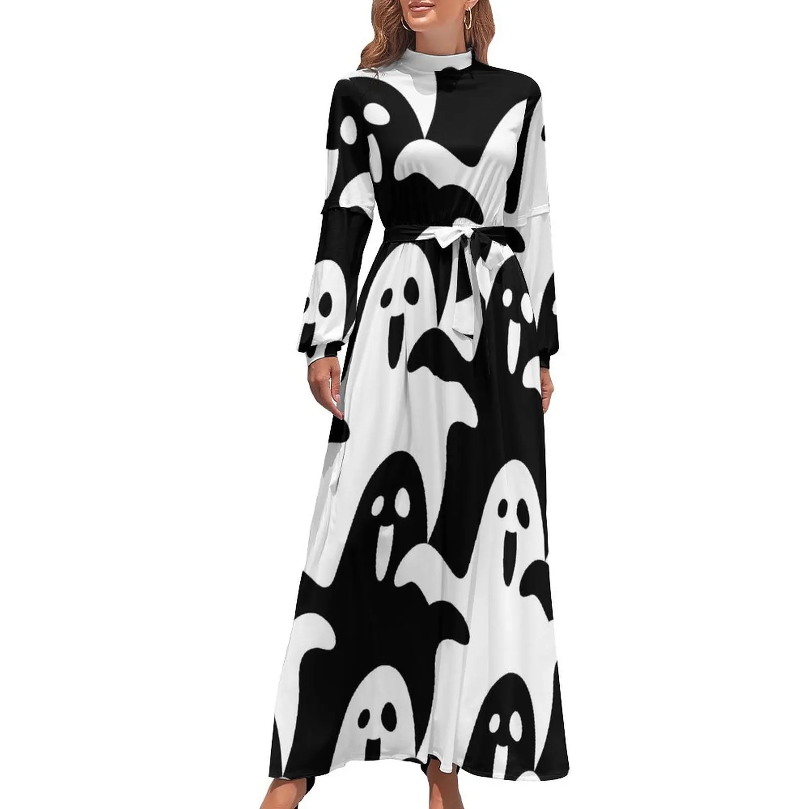 

Spooky Scary Ghosts Dress Black And White Elegant Printed Maxi Dress High Neck Long Sleeve Aesthetic Bohemia Long Dresses