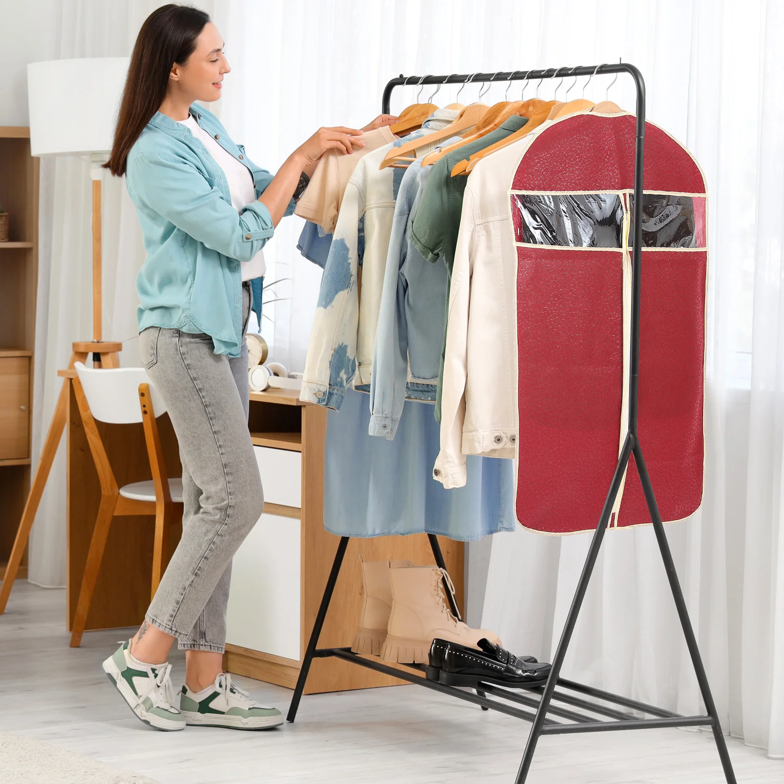 

Dust Cover For Clothes Embossed Suit Storage Bag Water Resistant Garment Organizer Transparent Window Case Dark Red