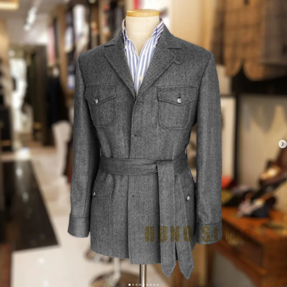 Casaco de caça Tweed espinha vintage masculino com cinto, blazer casual, único Breasted, design elegante