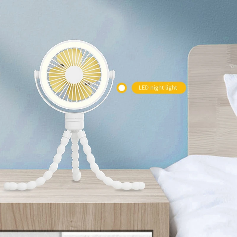 AB42-Portable Rechargeable Baby Stroller Fan Clip-On Octopus Night Light Mini Personal Handheld Portable Fan