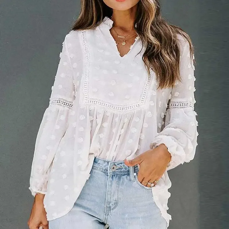 Long Sleeve Women Blouse Shirt white polka dot Boho Shirts Tops V-Neck women Tops chiffon women blouse