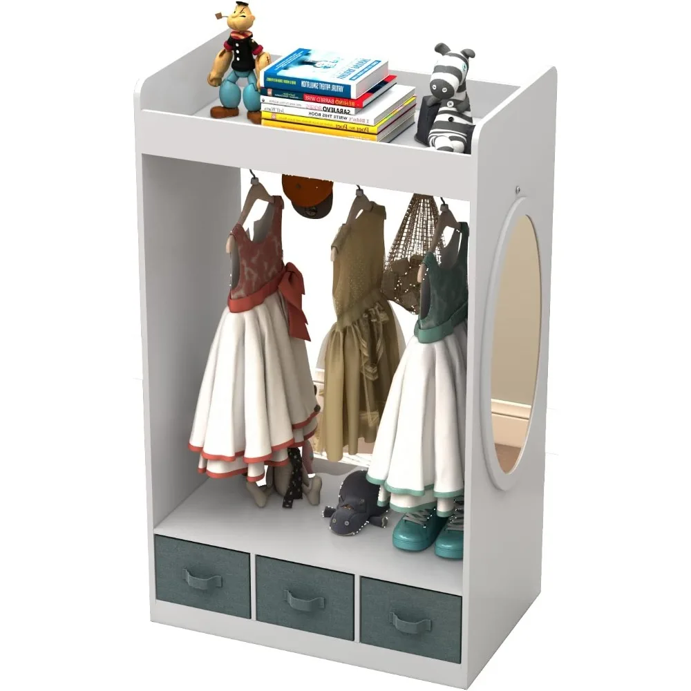 Armoire Wardrobe Closet - Open Hanging Dresser with Mirror-Dress-Up Center-Kids Garment Rack with 1 Top Compartment，Hanging Area