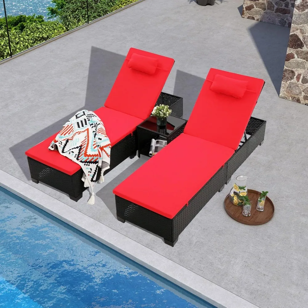 

3 PCS Patio Chaise Lounge with Coffee Table Cushion&Pillow Outdoor Lounge Chair Chaise Lounger Patio Reclining Chair 5 Angle Adj