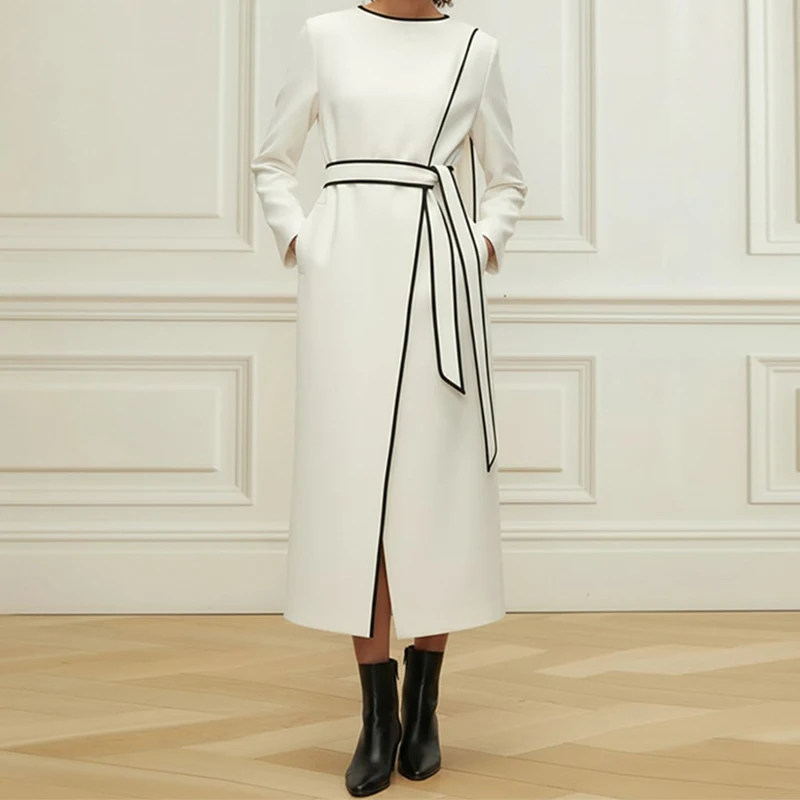 فستان Modigirl امرأة أنيقة بيضاء طويلة الأكمام ميدي مع ربطة عنق سوداء 2026 ضيف حفل زفاف وصيفة العروس فستان رسمي أنيق #4