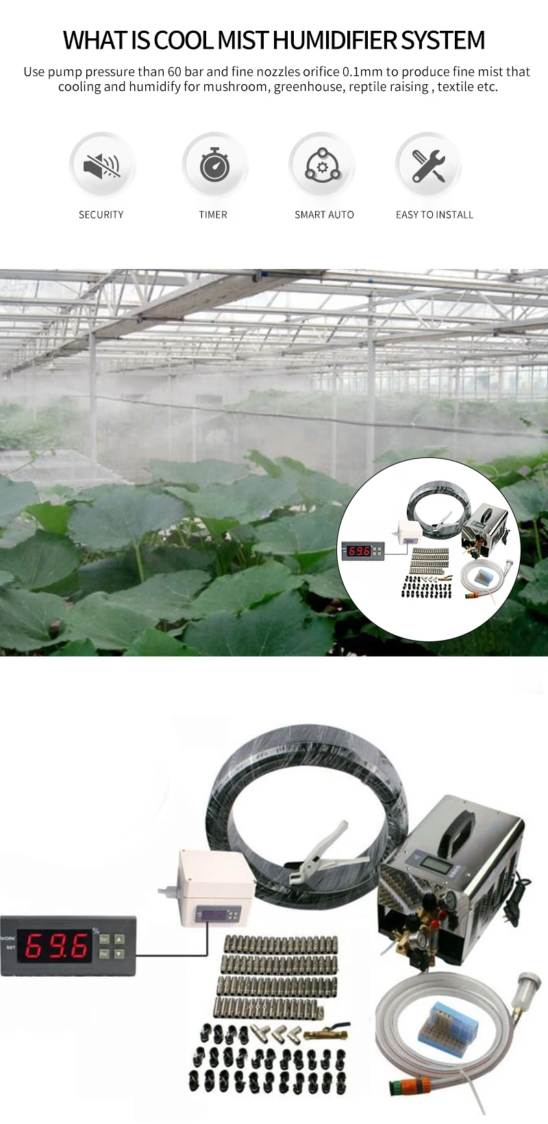 High pressure Mist cooling system with humidity controller great for mushroom greenhouse. Humidity sensor included