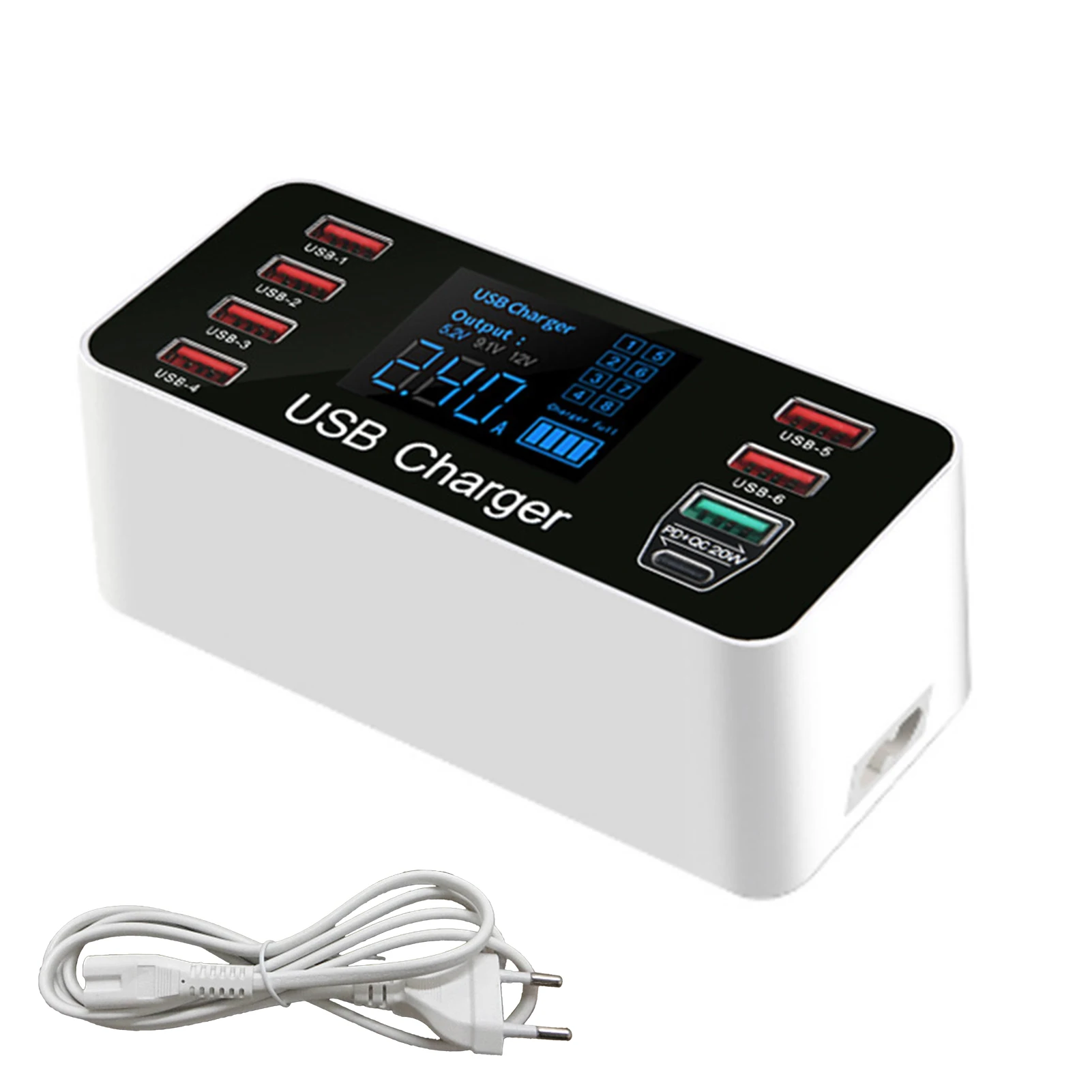 

8 Port Tablet Quick Charge Desktop USB Charger Office Home 40W Type C Hub Station Portable Mobile Phone LED Display