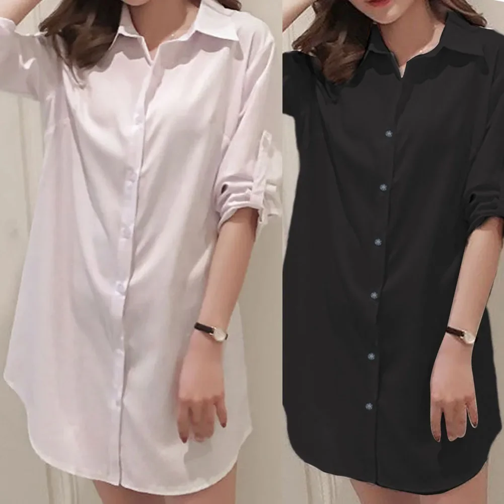 Camisas cómodas de moda para mujer y niña, blusa larga holgada, color blanco y negro, estilo novio