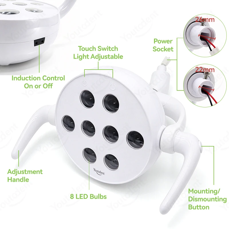 8 LED Dental Oral Light Shadowless Operation Lamp for Dental Chair Unit 22/26mm Mounting Manual Touch Control Dental Exam Lamp