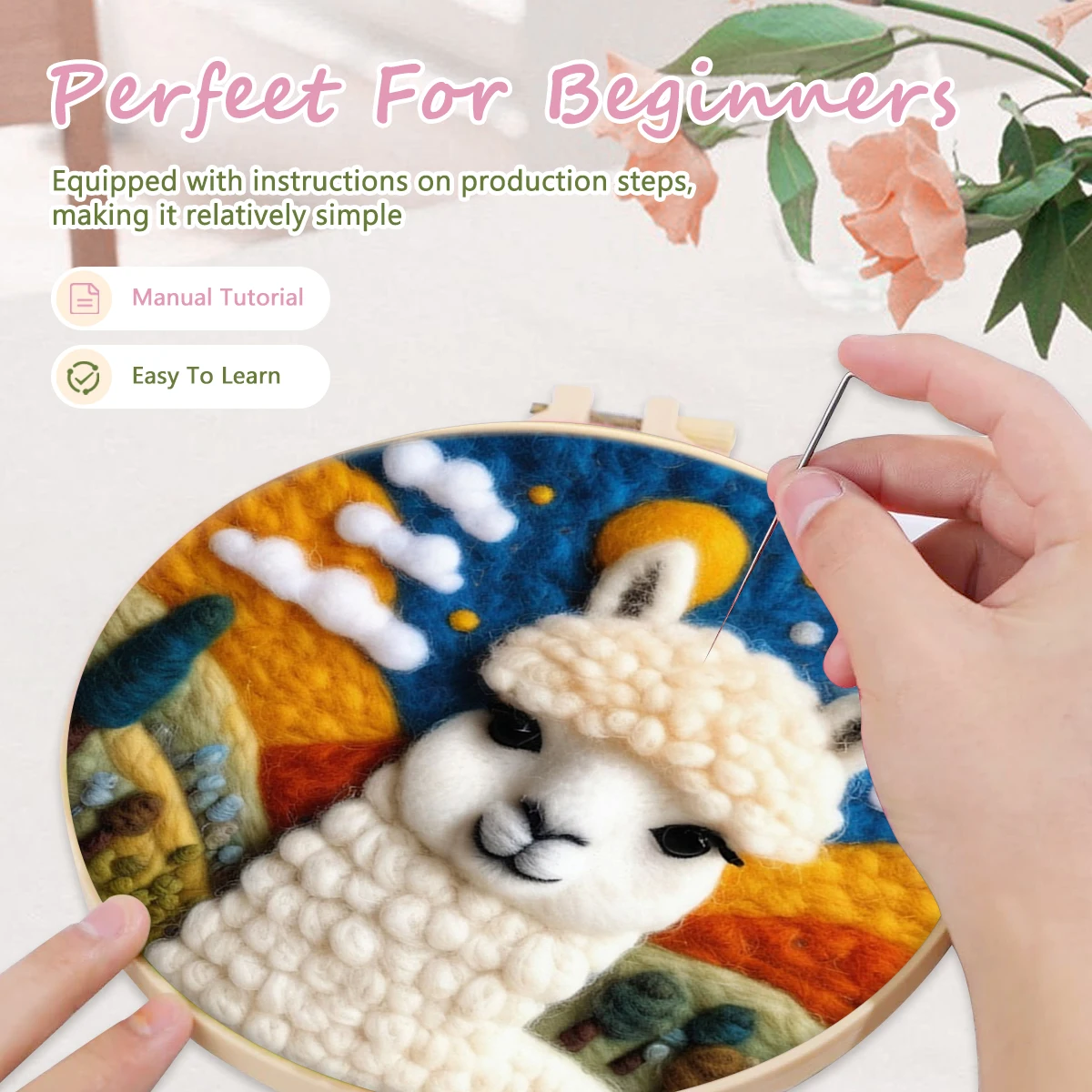 GATYZTORY Funny Animal DIY Wool Needle Felt Koala Raccoon Alpaca DIY Wool Embroidery Kit 20x20cm Frame Needle Felt Picture Kit H