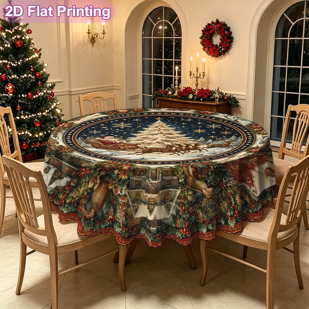Santa Claus Sleigh Christmas Scene Plate Printed Decorative Tablecloth, Winter Themed Table Cover