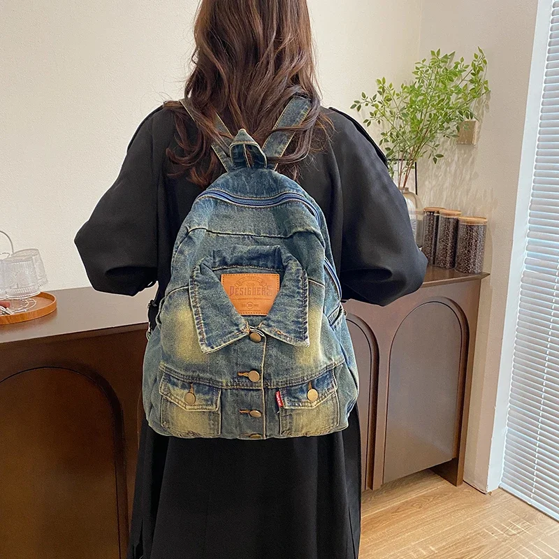 Ransel Denim kasual, ransel kapasitas besar kualitas tinggi, rasa mewah, ransel Super keren untuk wanita, mode 2024