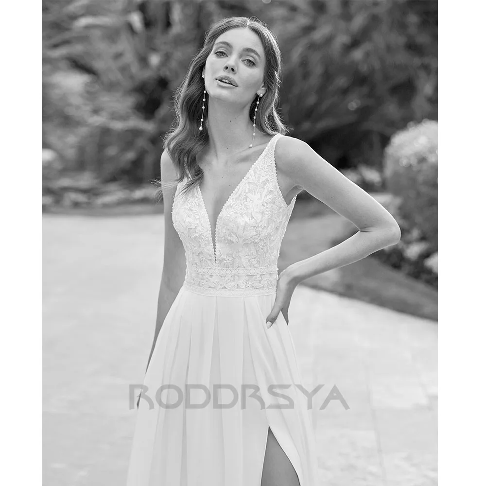 RODDRSYA-vestido De novia bohemio elegante para mujer, traje De gasa con escote en V, apliques De encaje, Espalda descubierta, Civil dividido, 2024 Boho elegante vestido de novia para las mujeres 2024  V-cuello de enca