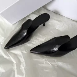 Black Matte Leather Design Slippers New Arrival Women Thin High Heel Pointed Toe Party Slip-on Dress Sandals