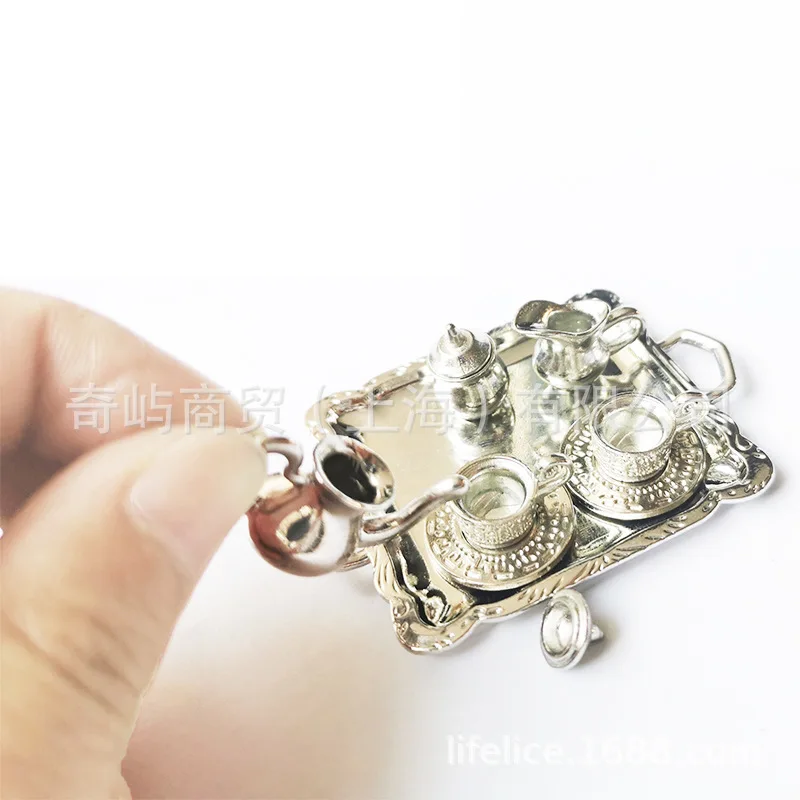 Dollhouse Miniature Silver Metal Tea Coffee Tray Model Kitchen Tableware Set For Doll House Decor Kids Toys Gift