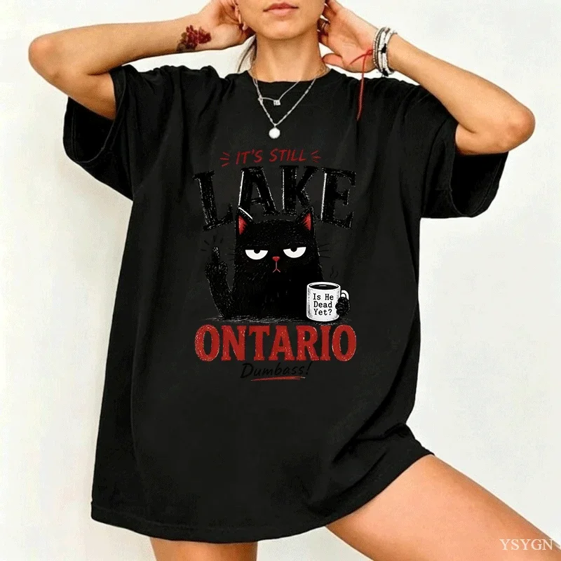 Women Tee Grumpy Black Cat With Coffee Funny Slogan Graphic Print Round Neck Short Sleeve Soft Ladies Daily Casual Loose Shirt