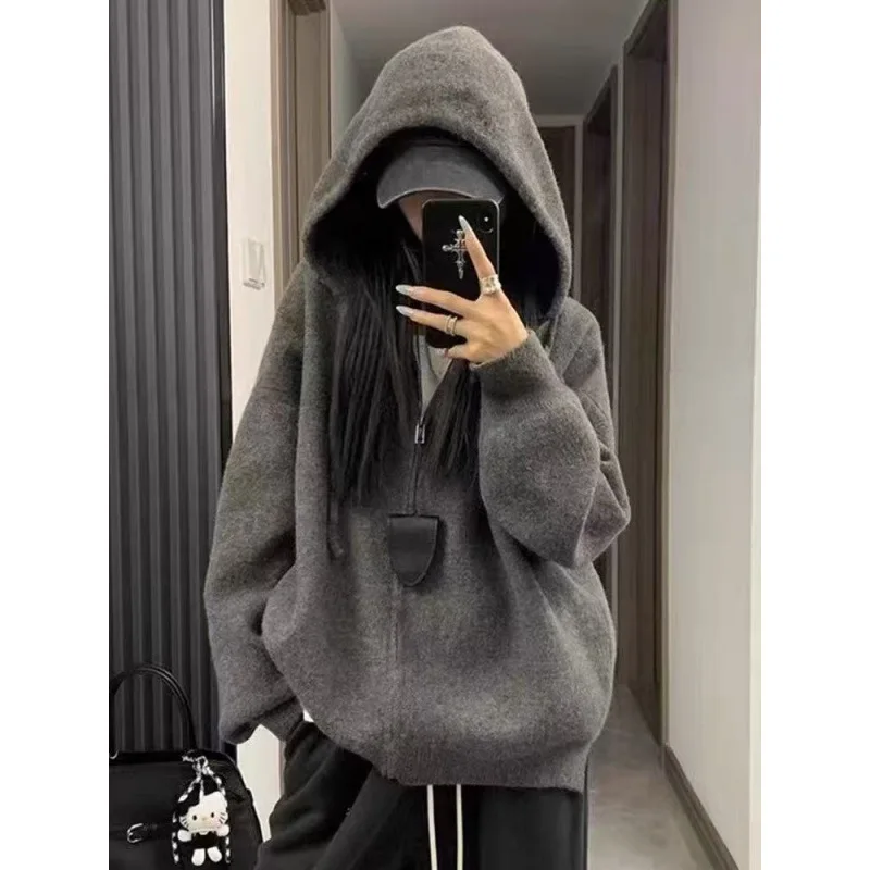 

Lazy Old Money Style Gray Zipper Hooded Sweater Jacket for Women 2025 Autumn Winter Soft and Sticky Knitted Sweatshirt Cardigan