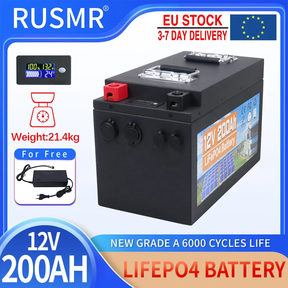 

12V 200AH LiFePo4 Battery Built-in BMS Lithium Iron Phosphate Cell 6000 Cycles Life For RV Campers Golf Cart Solar With Charger