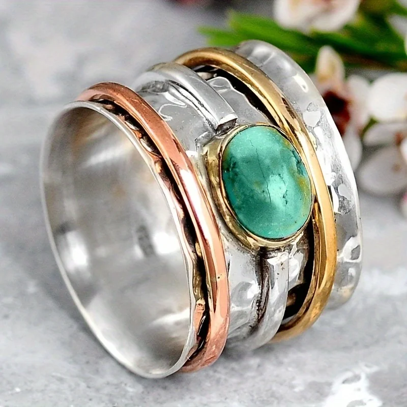 Retro simple synthetic turquoise plated three color wide face ring ring, women's holiday memorial jewelry