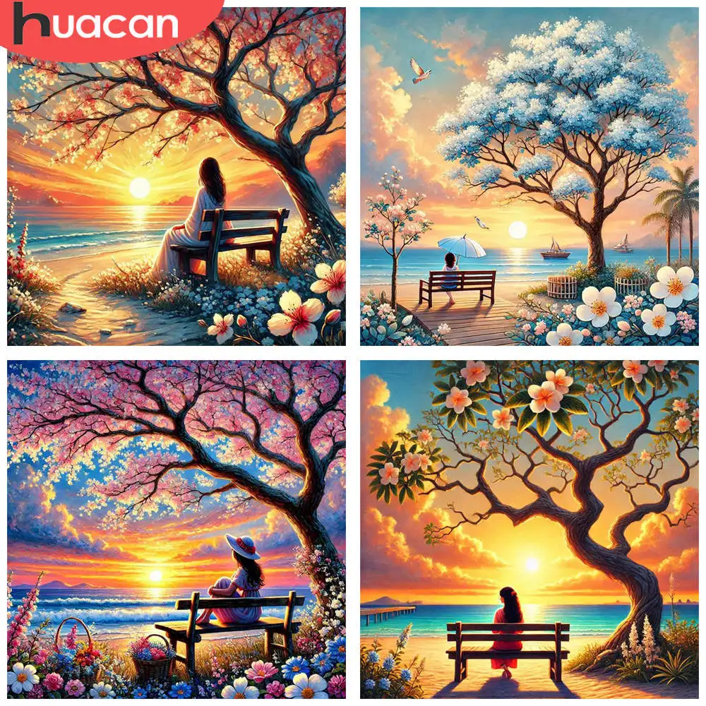 HUACAN 1 Stück Diamant-Gemälde, friedlicher Sonnenuntergang, Frau, Acryl, abstrakte Landschaft, 5D-Diamant-Stickerei-Set, 3D-Mosaik-Kunst-Dekor