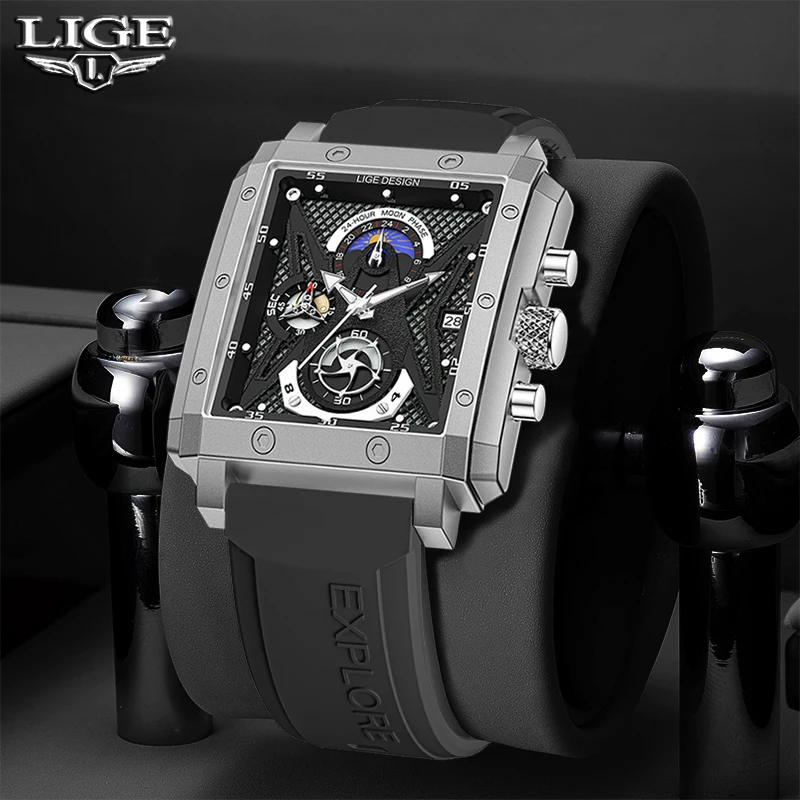 LIGE New Fashion Man Square Watch Luxury Silicone Casual Sport Watches for Men Chronograph Quartz Waterproof 24Moon Phase Clocks