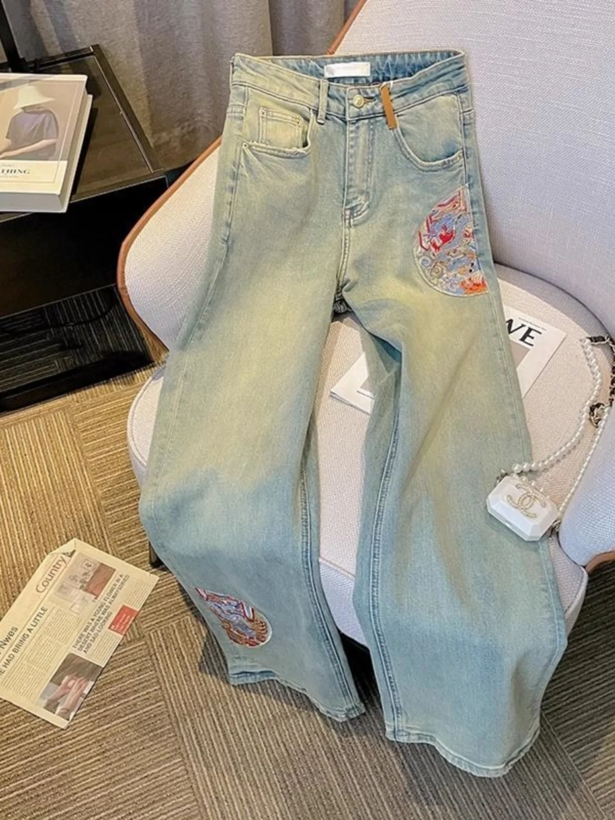 

Ретро-джинсы в китайском стиле с вышивкой, широкие брюки с высокой талией, свободные прямые брюки для женщин, новинка весны 2024 года