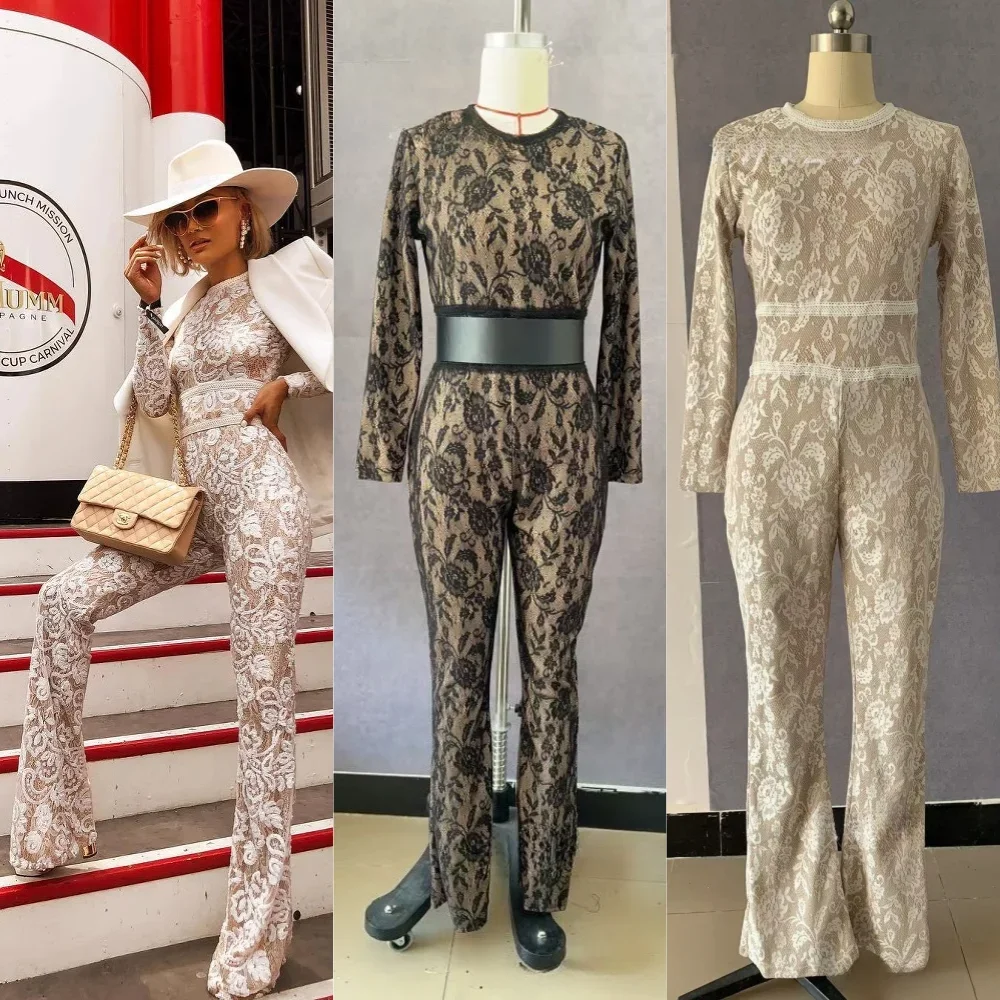 

Elegante Retro Langarm Dame Stickerei Overall Mode Spitze Lange Strampler Für Frauen 2025, Herbst Hohe Taille O-ansatz Insgesamt