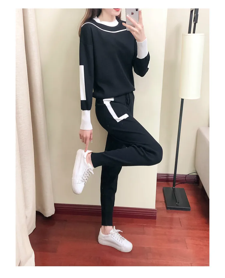 Autumn Winter Women\'s Clothing Fashion Color Matching Casual Sports Suit Sweater Lace Up Pants Knitted Two-piece Set Women