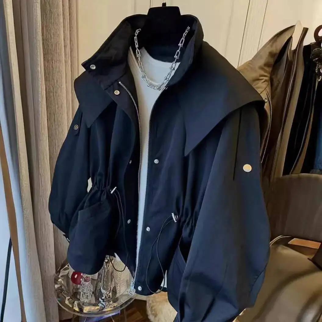 

Women Jacket 2025 Autumn Women's Windbreaker Trench Coat Unique Design Niche Loose Casual Drawstring Waist Short Jacket