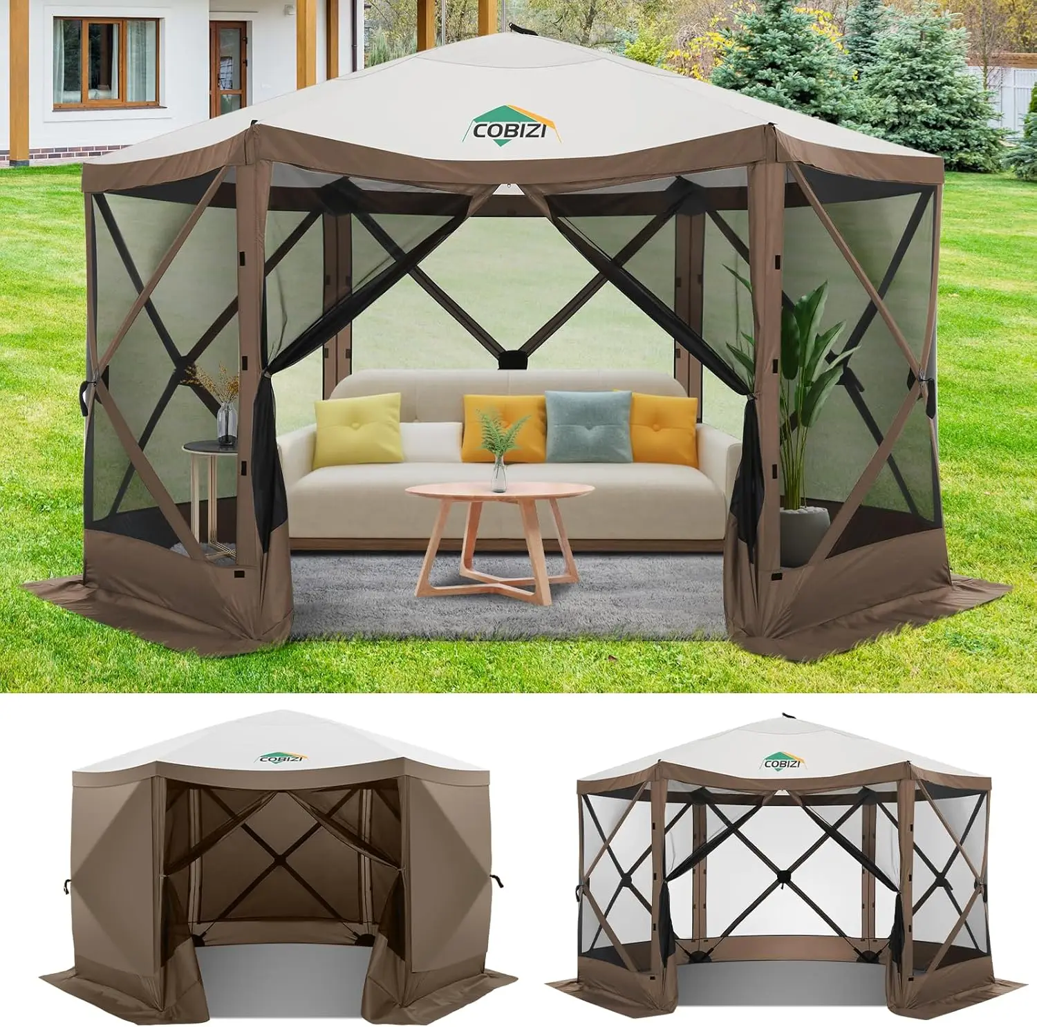 12x12ft Camping Gazebo Outdoor Screened Gazebo with Sidewalls, Portable Hub Tent with Carrying Bag and Ground Stakes, Brown