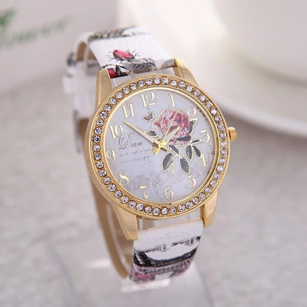 Ladies Watches Printed Flower Watch for Women Luxury Casual Quartz Wristwatches Leather Wrist Watch Female Dress Clocks Relogio