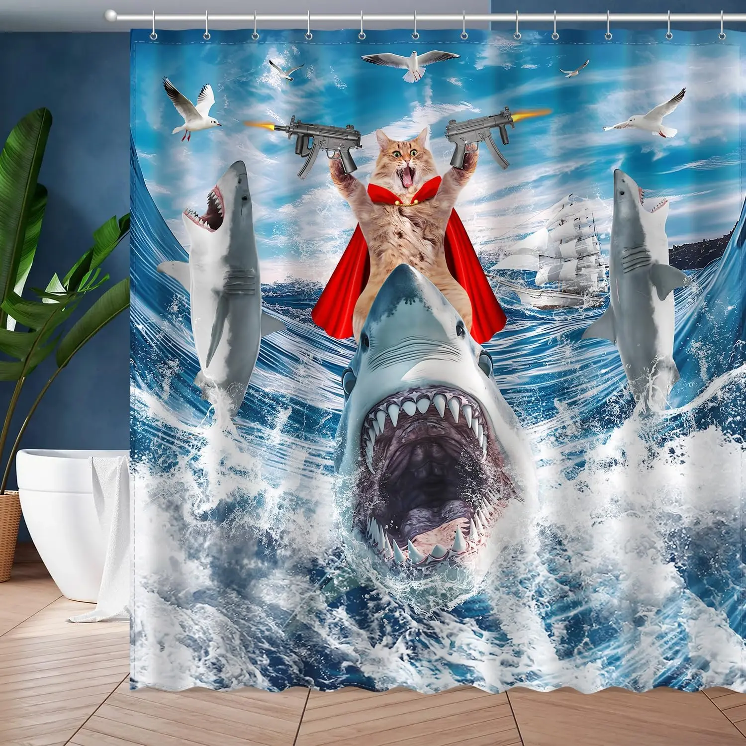 

Набор занавесок для душа с забавной кошкой и акулой, детский домашний декор для ванной комнаты, водонепроницаемая тканевая занавеска из полиэстера с 12 крючками